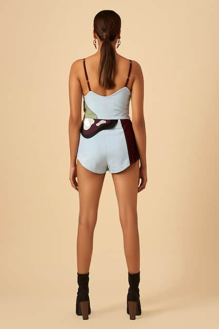 Shop Siddhant Agrawal Blue Crepe, Faux Suede, Georgette, Rayon V Colorblock Bodysuit at Aza Fashions Shop_Siddhant Agrawal_Blue Crepe, Faux Suede, Georgette, Rayon V Colorblock Bodysuit _at_Aza_Fashions