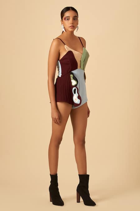Siddhant Agrawal Blue Crepe, Faux Suede, Georgette, Rayon V Colorblock Bodysuit Online at Aza Fashions Siddhant Agrawal_Blue Crepe, Faux Suede, Georgette, Rayon V Colorblock Bodysuit _Online_at_Aza_Fashions