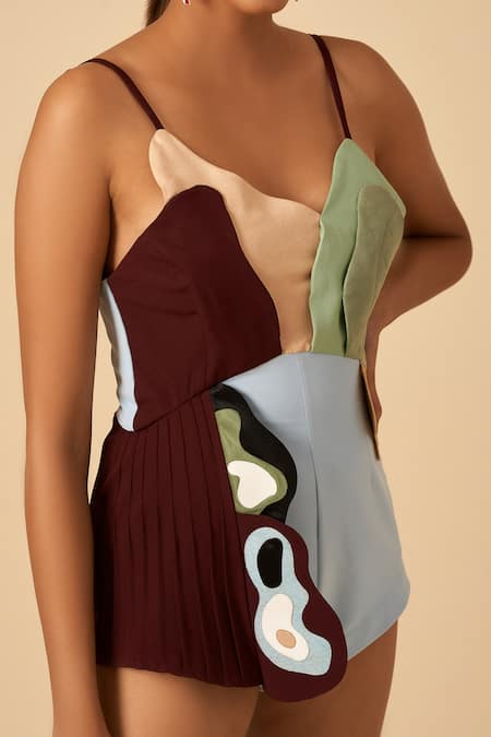 Shop Siddhant Agrawal Blue Crepe, Faux Suede, Georgette, Rayon V Colorblock Bodysuit Online at Aza Fashions Shop_Siddhant Agrawal_Blue Crepe, Faux Suede, Georgette, Rayon V Colorblock Bodysuit _Online_at_Aza_Fashions