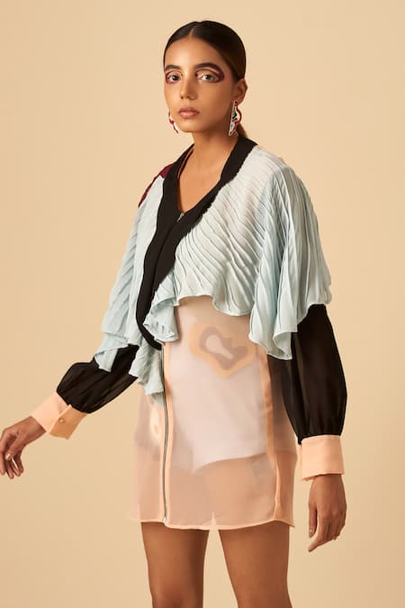 Siddhant Agrawal Pink Poly Georgette V Neck Colorblock Jacket Online at Aza Fashions Siddhant Agrawal_Pink Poly Georgette V Neck Colorblock Jacket _Online_at_Aza_Fashions
