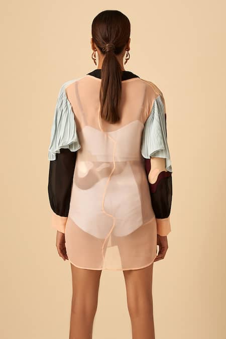 Shop Siddhant Agrawal Pink Poly Georgette V Neck Colorblock Jacket at Aza Fashions Shop_Siddhant Agrawal_Pink Poly Georgette V Neck Colorblock Jacket _at_Aza_Fashions