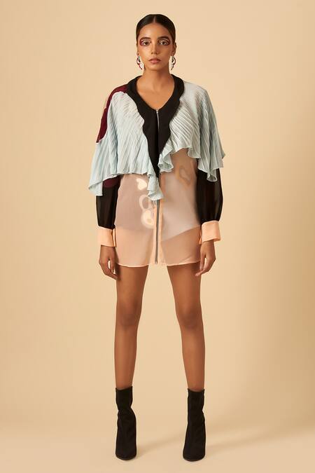 Shop Siddhant Agrawal Pink Poly Georgette V Neck Colorblock Jacket Online at Aza Fashions Shop_Siddhant Agrawal_Pink Poly Georgette V Neck Colorblock Jacket _Online_at_Aza_Fashions