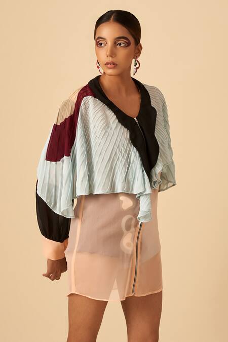 Siddhant Agrawal Pink Poly Georgette V Neck Colorblock Jacket at Aza Fashions Siddhant Agrawal_Pink Poly Georgette V Neck Colorblock Jacket _at_Aza_Fashions