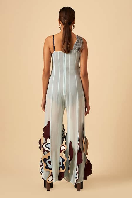 Shop Siddhant Agrawal Blue Crepe, Faux Suede, Georgette Asymmetric Applique Jumpsuit at Aza Fashions Shop_Siddhant Agrawal_Blue Crepe, Faux Suede, Georgette Asymmetric Applique Jumpsuit _at_Aza_Fashions