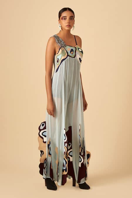 Siddhant Agrawal Blue Crepe, Faux Suede, Georgette Asymmetric Applique Jumpsuit Online at Aza Fashions Siddhant Agrawal_Blue Crepe, Faux Suede, Georgette Asymmetric Applique Jumpsuit _Online_at_Aza_Fashions