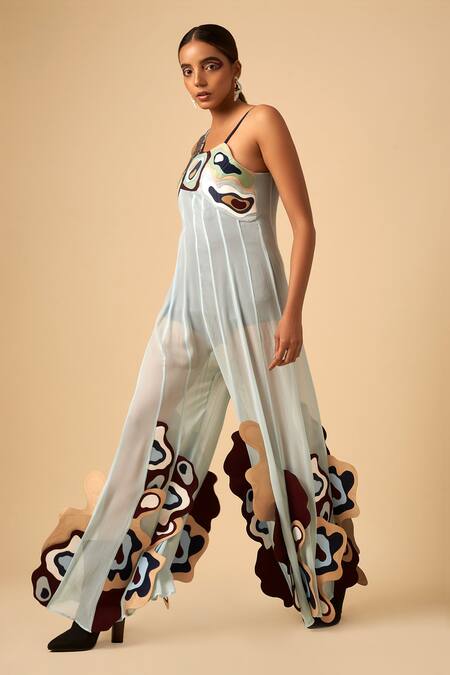 Buy Siddhant Agrawal Blue Crepe, Faux Suede, Georgette Asymmetric Applique Jumpsuit Online at Aza Fashions Buy_Siddhant Agrawal_Blue Crepe, Faux Suede, Georgette Asymmetric Applique Jumpsuit _Online_at_Aza_Fashions