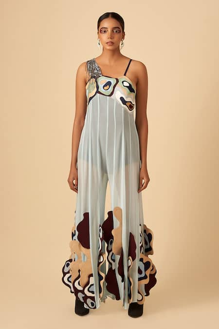 Shop Siddhant Agrawal Blue Crepe, Faux Suede, Georgette Asymmetric Applique Jumpsuit Online at Aza Fashions Shop_Siddhant Agrawal_Blue Crepe, Faux Suede, Georgette Asymmetric Applique Jumpsuit _Online_at_Aza_Fashions