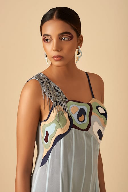 Siddhant Agrawal Blue Crepe, Faux Suede, Georgette Asymmetric Applique Jumpsuit at Aza Fashions Siddhant Agrawal_Blue Crepe, Faux Suede, Georgette Asymmetric Applique Jumpsuit _at_Aza_Fashions