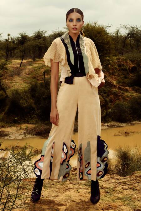 Shop Siddhant Agrawal Beige Crepe, Satin, Georgette High Neck Colorblock Ruffle Top Online at Aza Fashions Shop_Siddhant Agrawal_Beige Crepe, Satin, Georgette High Neck Colorblock Ruffle Top _Online_at_Aza_Fashions