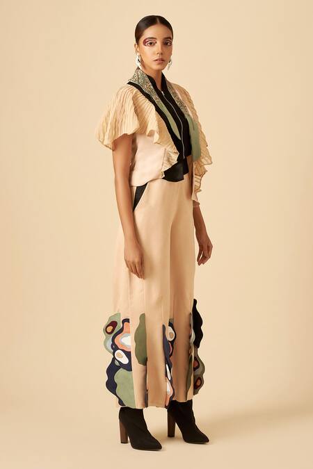 Siddhant Agrawal Beige Crepe, Satin, Georgette High Neck Colorblock Ruffle Top Online at Aza Fashions Siddhant Agrawal_Beige Crepe, Satin, Georgette High Neck Colorblock Ruffle Top _Online_at_Aza_Fashions