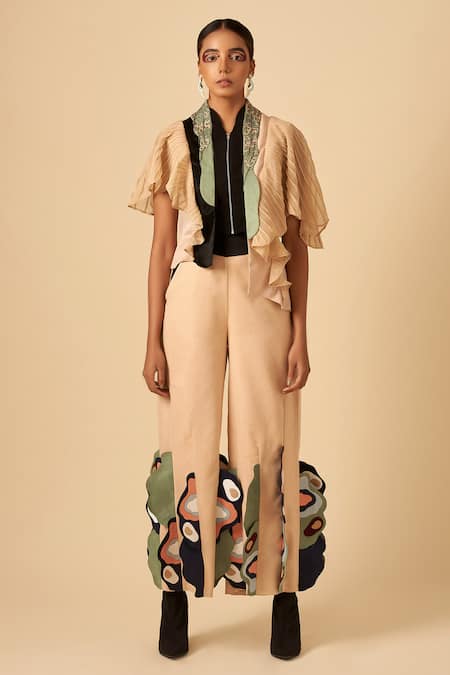 Buy Siddhant Agrawal Beige Crepe, Satin, Georgette High Neck Colorblock Ruffle Top Online at Aza Fashions Buy_Siddhant Agrawal_Beige Crepe, Satin, Georgette High Neck Colorblock Ruffle Top _Online_at_Aza_Fashions