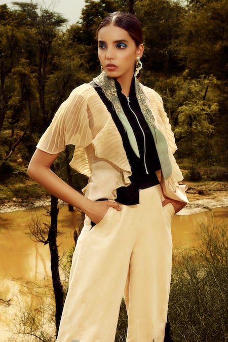 Siddhant Agrawal Beige Crepe, Satin, Georgette High Neck Colorblock Ruffle Top