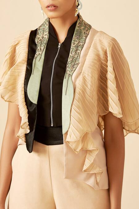 Siddhant Agrawal Beige Crepe, Satin, Georgette High Neck Colorblock Ruffle Top at Aza Fashions Siddhant Agrawal_Beige Crepe, Satin, Georgette High Neck Colorblock Ruffle Top _at_Aza_Fashions