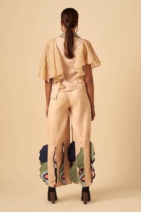 Shop Siddhant Agrawal Beige Poly Satin, Faux Suede Applique Colorblock Trouser at Aza Fashions Shop_Siddhant Agrawal_Beige Poly Satin, Faux Suede Applique Colorblock Trouser _at_Aza_Fashions