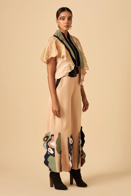 Siddhant Agrawal Beige Poly Satin, Faux Suede Applique Colorblock Trouser Online at Aza Fashions Siddhant Agrawal_Beige Poly Satin, Faux Suede Applique Colorblock Trouser _Online_at_Aza_Fashions