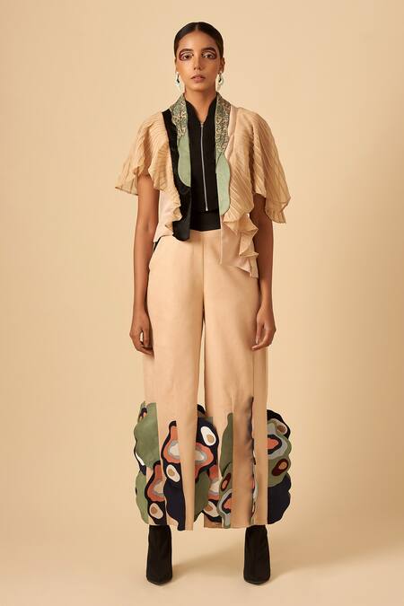Buy Siddhant Agrawal Beige Poly Satin, Faux Suede Applique Colorblock Trouser Online at Aza Fashions Buy_Siddhant Agrawal_Beige Poly Satin, Faux Suede Applique Colorblock Trouser _Online_at_Aza_Fashions