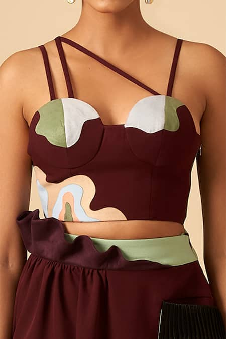 Buy_Siddhant Agrawal_Maroon Poly Crepe, Faux Suede Sweetheart Neck Applique Bustier _Online_at_Aza_Fashions