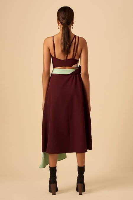 Shop Siddhant Agrawal Maroon Crepe, Satin, Georgette Asymmetric Skirt at Aza Fashions Shop_Siddhant Agrawal_Maroon Crepe, Satin, Georgette Asymmetric Skirt _at_Aza_Fashions