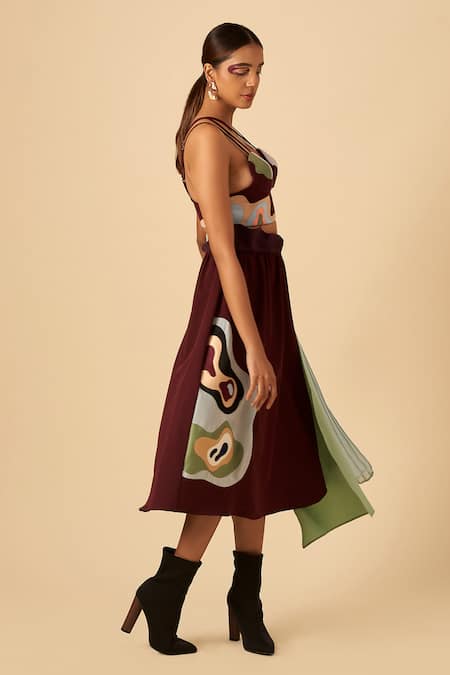 Siddhant Agrawal Maroon Crepe, Satin, Georgette Asymmetric Skirt Online at Aza Fashions Siddhant Agrawal_Maroon Crepe, Satin, Georgette Asymmetric Skirt _Online_at_Aza_Fashions