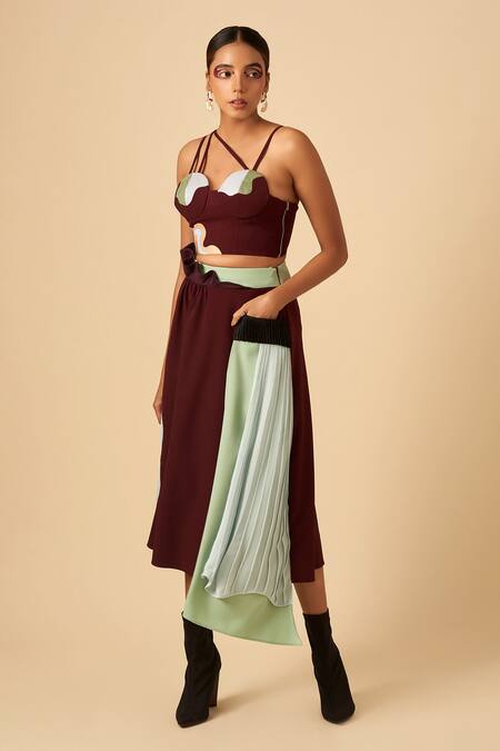 Shop Siddhant Agrawal Maroon Crepe, Satin, Georgette Asymmetric Skirt Online at Aza Fashions Shop_Siddhant Agrawal_Maroon Crepe, Satin, Georgette Asymmetric Skirt _Online_at_Aza_Fashions