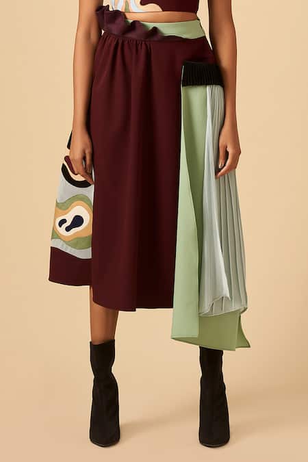 Siddhant Agrawal Maroon Crepe, Satin, Georgette Asymmetric Skirt at Aza Fashions Siddhant Agrawal_Maroon Crepe, Satin, Georgette Asymmetric Skirt _at_Aza_Fashions