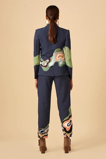 Shop Siddhant Agrawal Blue Crepe, Georgette, Rayon Notched Lapel Applique Blazer at Aza Fashions Shop_Siddhant Agrawal_Blue Crepe, Georgette, Rayon Notched Lapel Applique Blazer _at_Aza_Fashions