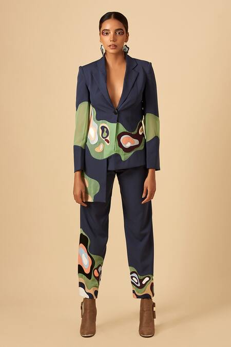 Siddhant Agrawal Blue Crepe, Georgette, Rayon Notched Lapel Applique Blazer Online at Aza Fashions Siddhant Agrawal_Blue Crepe, Georgette, Rayon Notched Lapel Applique Blazer _Online_at_Aza_Fashions