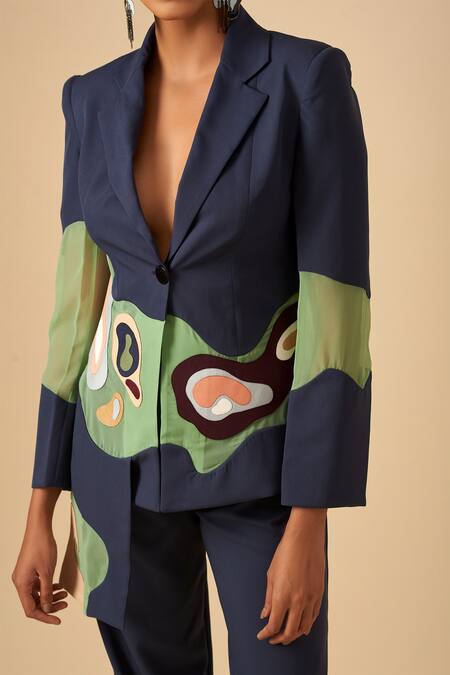 Shop Siddhant Agrawal Blue Crepe, Georgette, Rayon Notched Lapel Applique Blazer Online at Aza Fashions Shop_Siddhant Agrawal_Blue Crepe, Georgette, Rayon Notched Lapel Applique Blazer _Online_at_Aza_Fashions