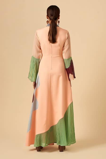 Shop Siddhant Agrawal Pink Crepe, Satin, Faux Suede, Georgette Colorblock Applique Gown at Aza Fashions Shop_Siddhant Agrawal_Pink Crepe, Satin, Faux Suede, Georgette Colorblock Applique Gown _at_Aza_Fashions