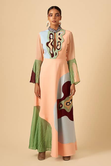 Siddhant Agrawal Pink Crepe, Satin, Faux Suede, Georgette Colorblock Applique Gown Online at Aza Fashions Siddhant Agrawal_Pink Crepe, Satin, Faux Suede, Georgette Colorblock Applique Gown _Online_at_Aza_Fashions