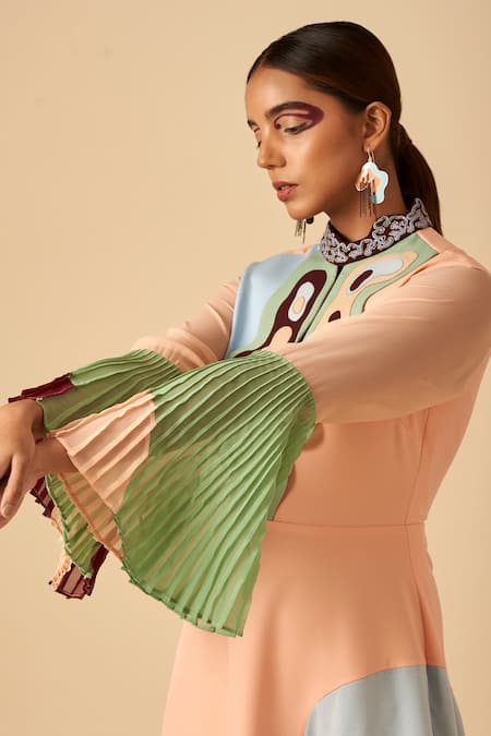 Buy Siddhant Agrawal Pink Crepe, Satin, Faux Suede, Georgette Colorblock Applique Gown Online at Aza Fashions Buy_Siddhant Agrawal_Pink Crepe, Satin, Faux Suede, Georgette Colorblock Applique Gown _Online_at_Aza_Fashions