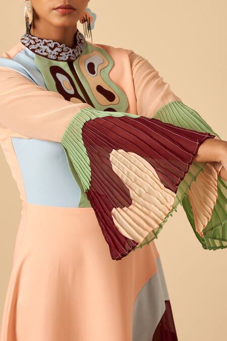 Shop Siddhant Agrawal Pink Crepe, Satin, Faux Suede, Georgette Colorblock Applique Gown Online at Aza Fashions Shop_Siddhant Agrawal_Pink Crepe, Satin, Faux Suede, Georgette Colorblock Applique Gown _Online_at_Aza_Fashions