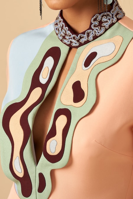 Siddhant Agrawal Pink Crepe, Satin, Faux Suede, Georgette Colorblock Applique Gown at Aza Fashions Siddhant Agrawal_Pink Crepe, Satin, Faux Suede, Georgette Colorblock Applique Gown _at_Aza_Fashions