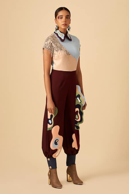Siddhant Agrawal Maroon Crepe, Satin, Georgette Shirt Collar Applique Jumpsuit Online at Aza Fashions Siddhant Agrawal_Maroon Crepe, Satin, Georgette Shirt Collar Applique Jumpsuit _Online_at_Aza_Fashions