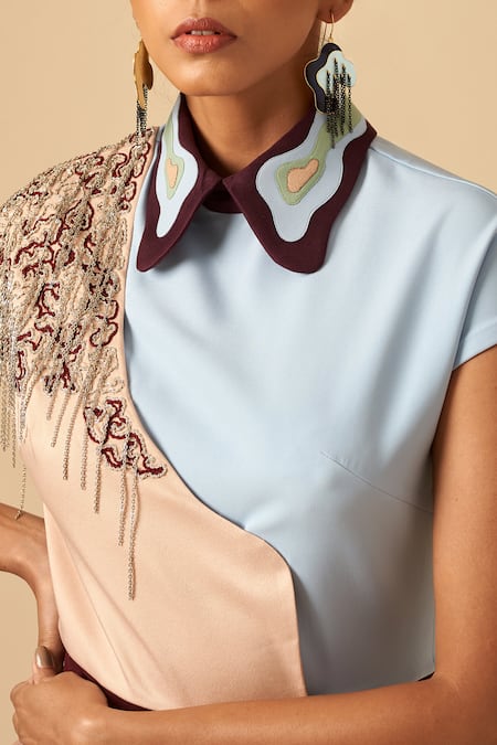 Buy Siddhant Agrawal Maroon Crepe, Satin, Georgette Shirt Collar Applique Jumpsuit Online at Aza Fashions Buy_Siddhant Agrawal_Maroon Crepe, Satin, Georgette Shirt Collar Applique Jumpsuit _Online_at_Aza_Fashions