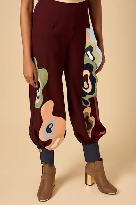 Siddhant Agrawal Maroon Crepe, Satin, Georgette Shirt Collar Applique Jumpsuit at Aza Fashions Siddhant Agrawal_Maroon Crepe, Satin, Georgette Shirt Collar Applique Jumpsuit _at_Aza_Fashions