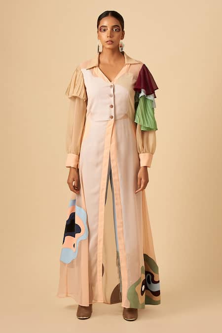 Siddhant Agrawal Pink Crepe, Georgette Spread Collar Applique Shirt Dress 