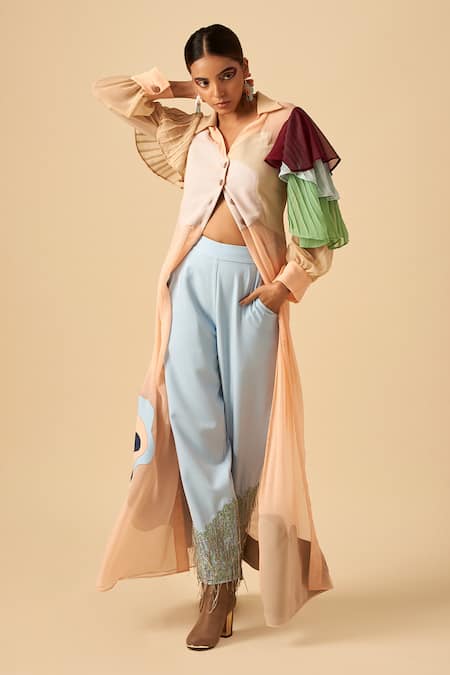 Shop Siddhant Agrawal Blue Poly Crepe Fringe-hem Trouser at Aza Fashions Shop_Siddhant Agrawal_Blue Poly Crepe Fringe-hem Trouser _at_Aza_Fashions