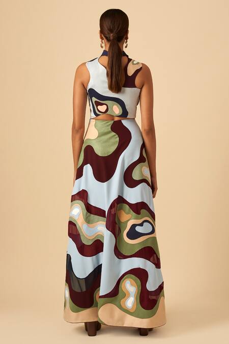 Shop Siddhant Agrawal Blue Faux Suede, Poly Rayon High Neck Applique Bustier at Aza Fashions Shop_Siddhant Agrawal_Blue Faux Suede, Poly Rayon High Neck Applique Bustier _at_Aza_Fashions