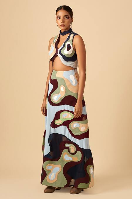 Siddhant Agrawal Blue Faux Suede, Poly Rayon High Neck Applique Bustier Online at Aza Fashions Siddhant Agrawal_Blue Faux Suede, Poly Rayon High Neck Applique Bustier _Online_at_Aza_Fashions