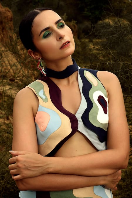 Siddhant Agrawal Blue Faux Suede, Poly Rayon High Neck Applique Bustier 