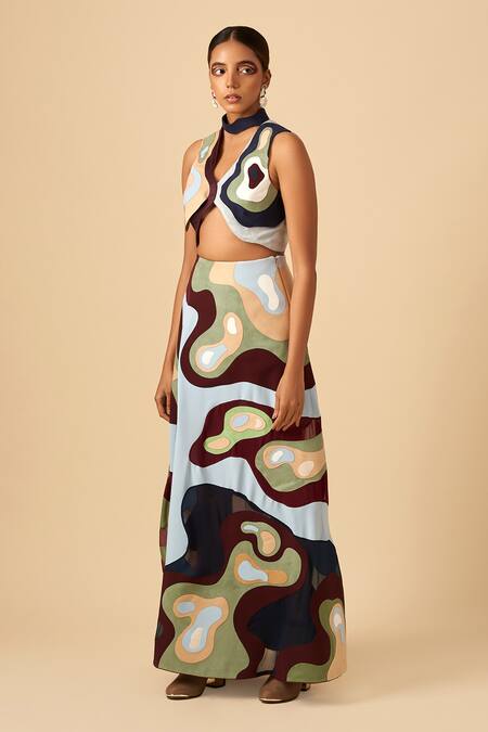 Shop Siddhant Agrawal Blue Crepe, Georgette Applique Skirt Online at Aza Fashions Shop_Siddhant Agrawal_Blue Crepe, Georgette Applique Skirt _Online_at_Aza_Fashions