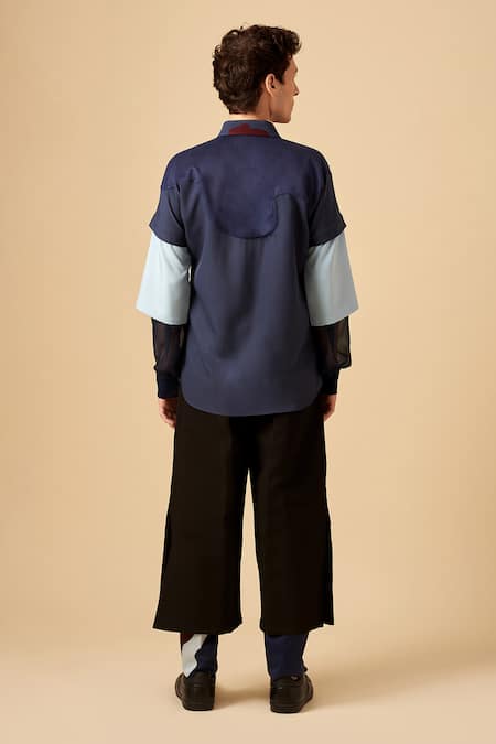 Shop_Siddhant Agrawal_Blue Crepe, Faux Suede, Georgette Colorblock Shirt _at_Aza_Fashions