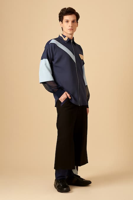 Siddhant Agrawal_Blue Crepe, Faux Suede, Georgette Colorblock Shirt _Online_at_Aza_Fashions