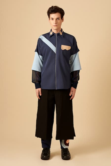 Buy_Siddhant Agrawal_Blue Crepe, Faux Suede, Georgette Colorblock Shirt _Online_at_Aza_Fashions