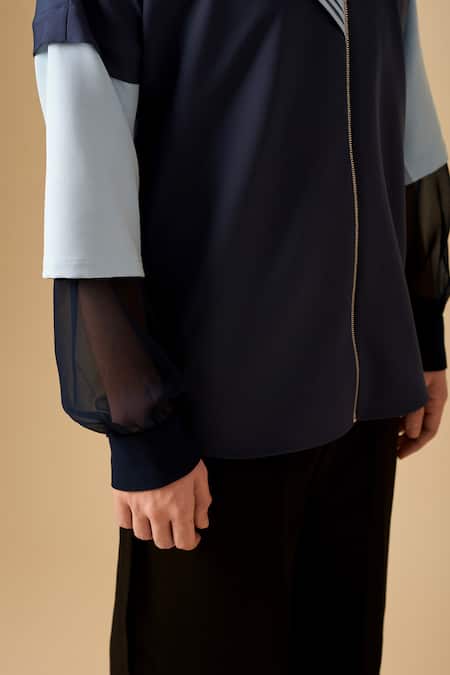 Shop_Siddhant Agrawal_Blue Crepe, Faux Suede, Georgette Colorblock Shirt _Online_at_Aza_Fashions