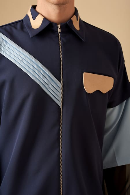Siddhant Agrawal_Blue Crepe, Faux Suede, Georgette Colorblock Shirt _at_Aza_Fashions