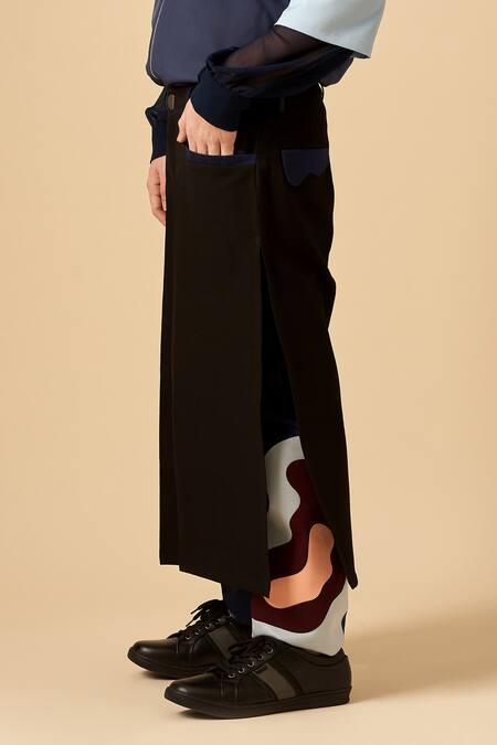 Siddhant Agrawal Black Cotton, Textured Poly Crepe Layered Trouser Online at Aza Fashions Siddhant Agrawal_Black Cotton, Textured Poly Crepe Layered Trouser _Online_at_Aza_Fashions