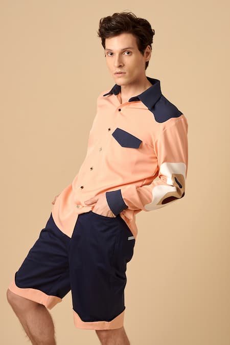 Shop Siddhant Agrawal Blue Cotton, Poly Crepe Colorblock Shorts at Aza Fashions Shop_Siddhant Agrawal_Blue Cotton, Poly Crepe Colorblock Shorts _at_Aza_Fashions