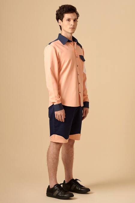 Siddhant Agrawal Blue Cotton, Poly Crepe Colorblock Shorts Online at Aza Fashions Siddhant Agrawal_Blue Cotton, Poly Crepe Colorblock Shorts _Online_at_Aza_Fashions